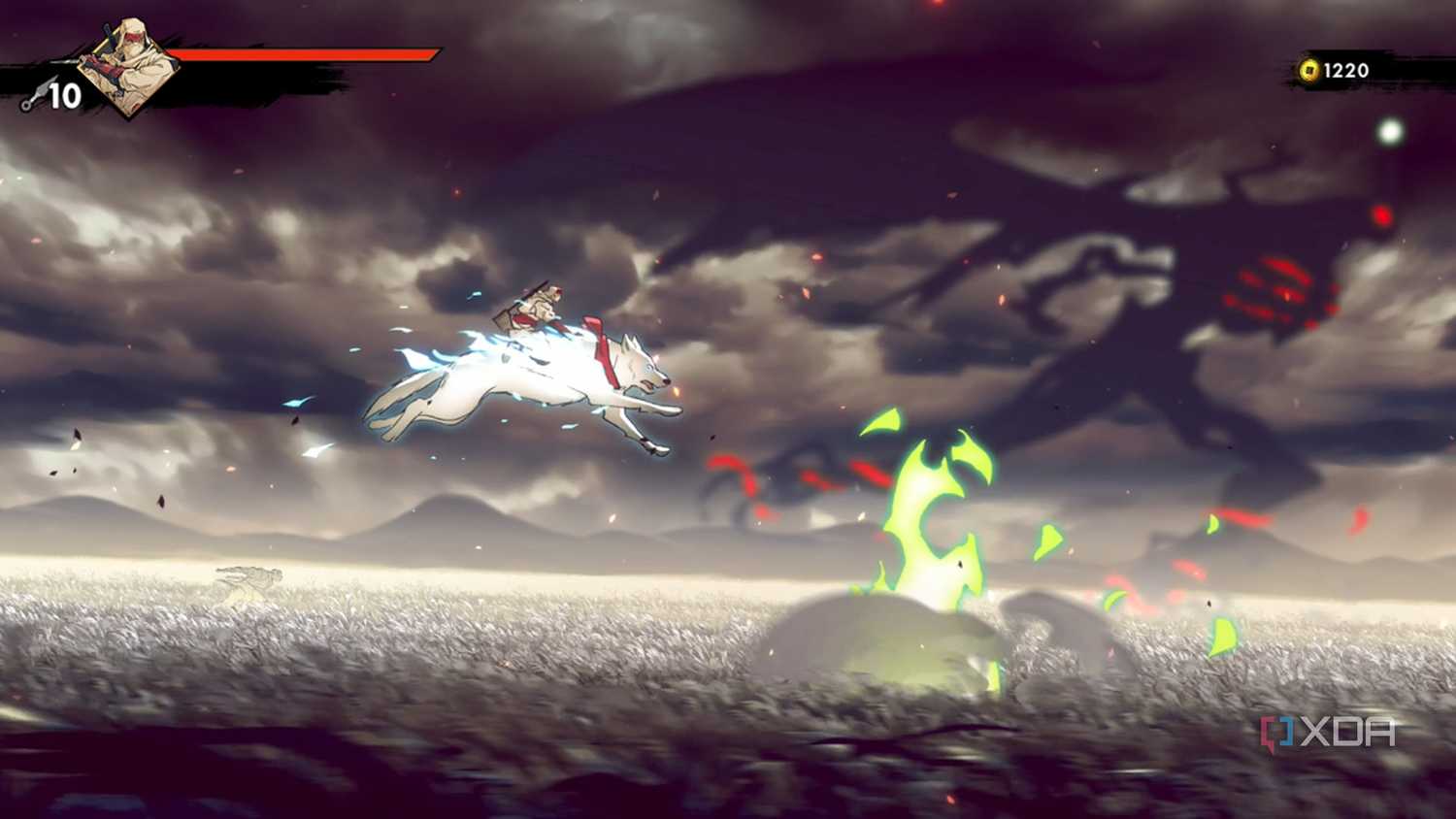 A screenshot of Joe riding his wolf in Shinobi: Art of Vengeance