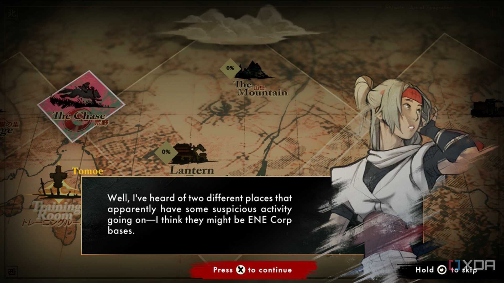 A screenshot of dialogue in the map screen in Shinobi: Art of Vengeance