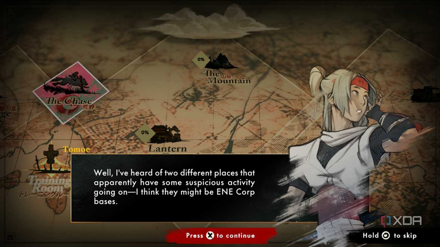 A screenshot of dialogue in the map screen in Shinobi: Art of Vengeance