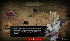 A screenshot of dialogue in the map screen in Shinobi: Art of Vengeance