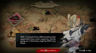 A screenshot of dialogue in the map screen in Shinobi: Art of Vengeance