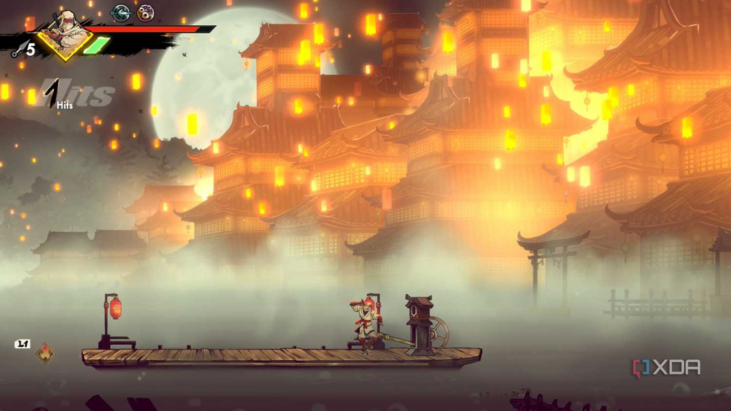 A screenshot of Joe visiting a city with lanterns in Shinobi: Art of Vengeance