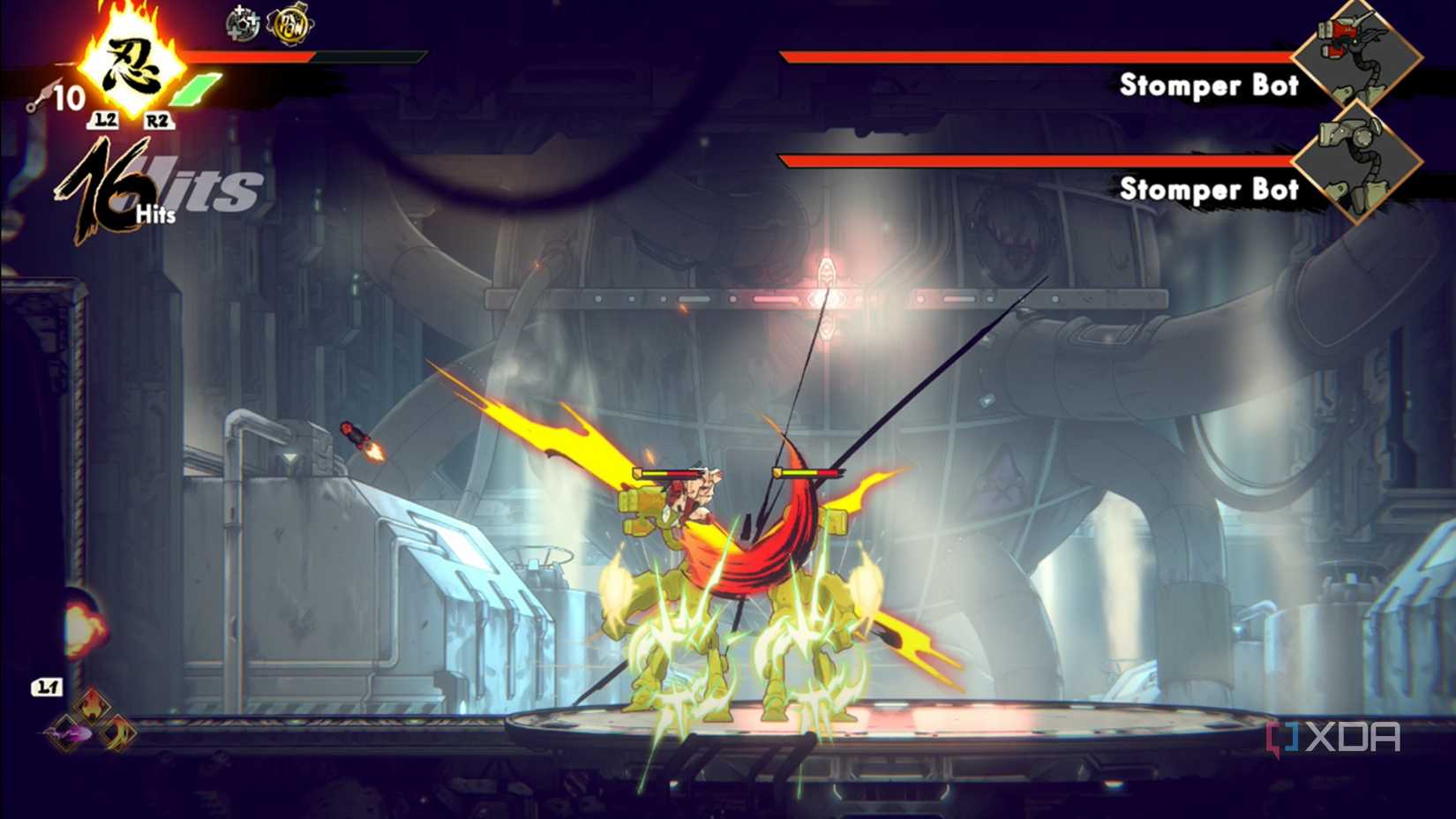 A screenshot of Joe in combat against two robots in Shinobi: Art of Vengeance