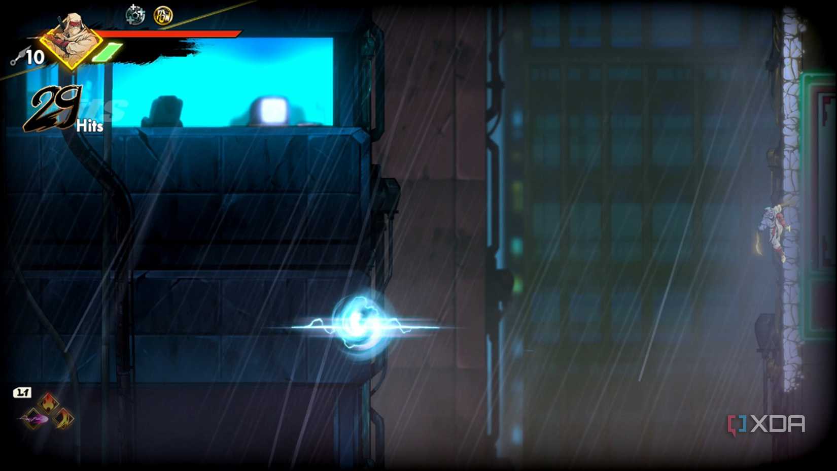 A screenshot of Joe on a wall and a booster ahead in Shinobi: Art of Vengeance