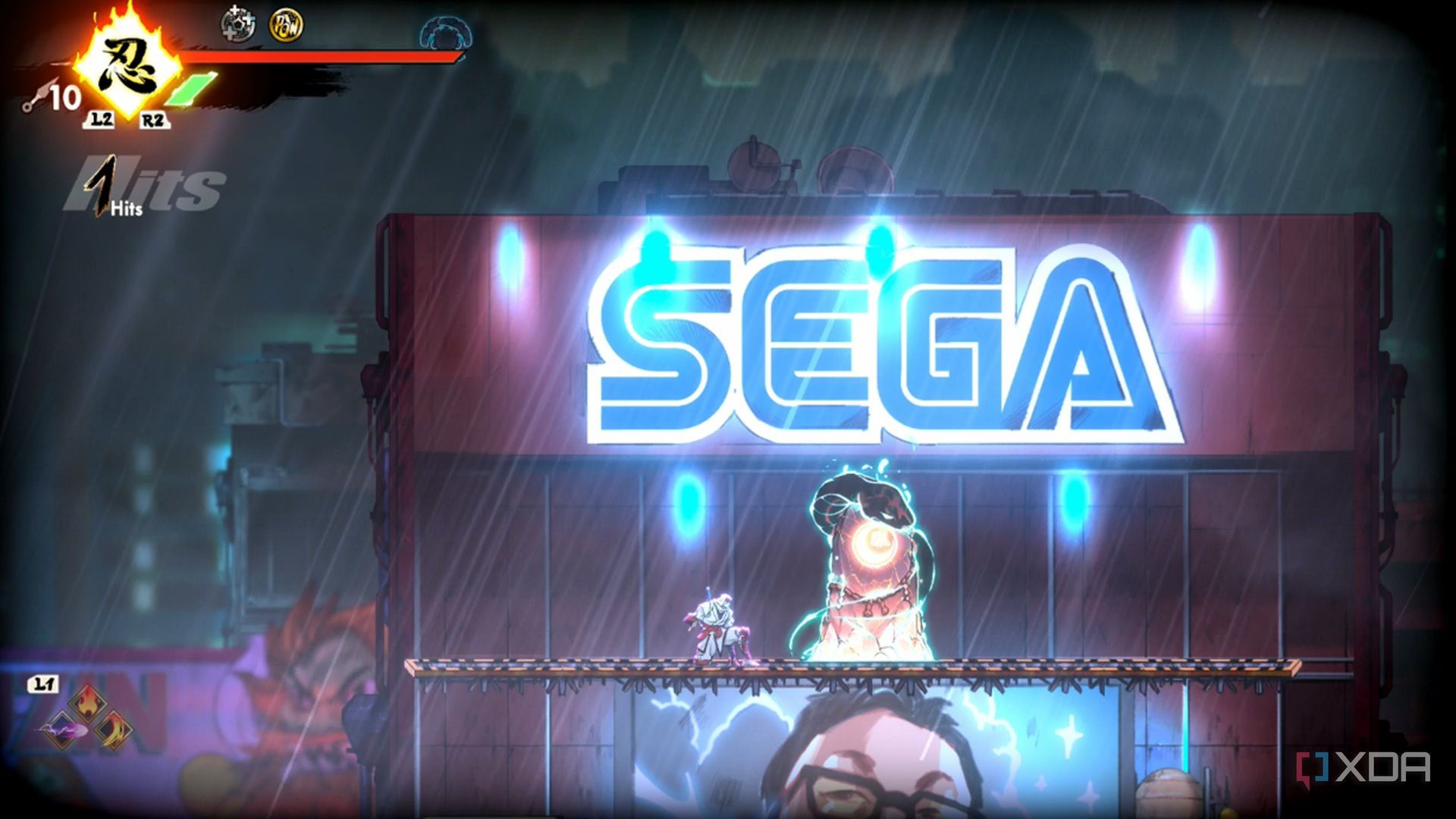 A screenshot of Joe at a checkpoint below a Sega sign in Shinobi: Art of Vengeance