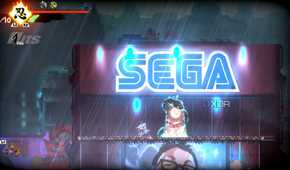 A screenshot of Joe at a checkpoint below a Sega sign in Shinobi: Art of Vengeance
