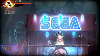 A screenshot of Joe at a checkpoint below a Sega sign in Shinobi: Art of Vengeance