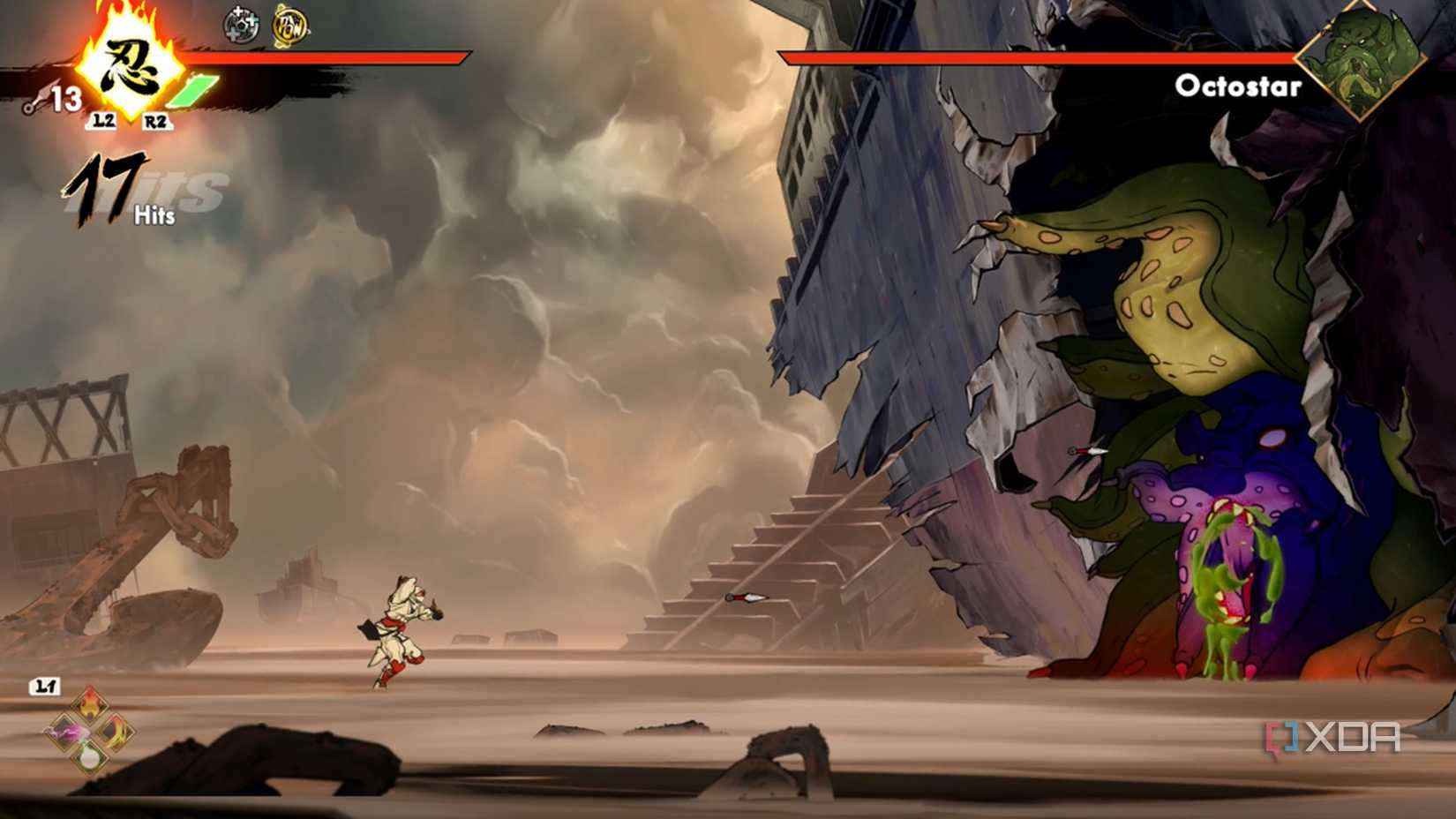 A screenshot of a boss battle in Shinobi: Art of Vengeance