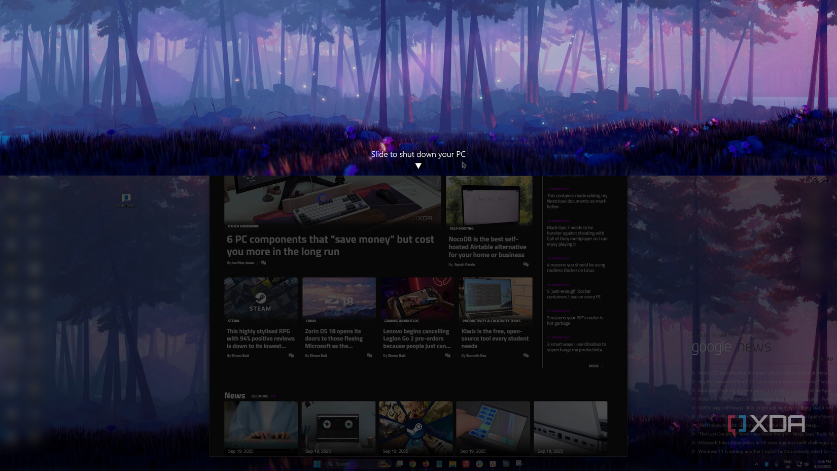 A screenshot of Windows 11 slide to shutdown utility on a purple wallpaper