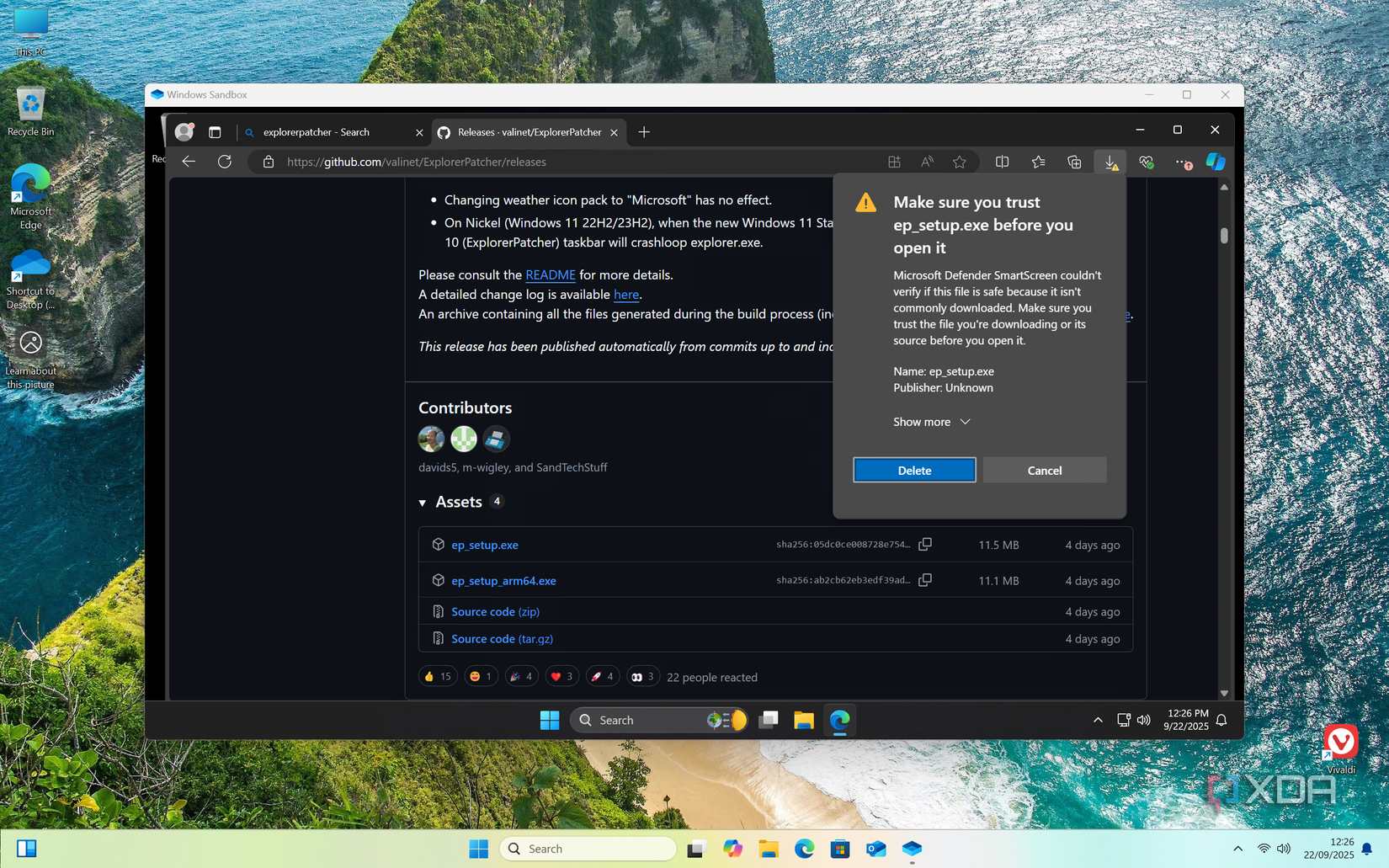 Screenshot of a SmartScreen warning shown by Microsoft Edge in Windows Sandbox on Windows 11