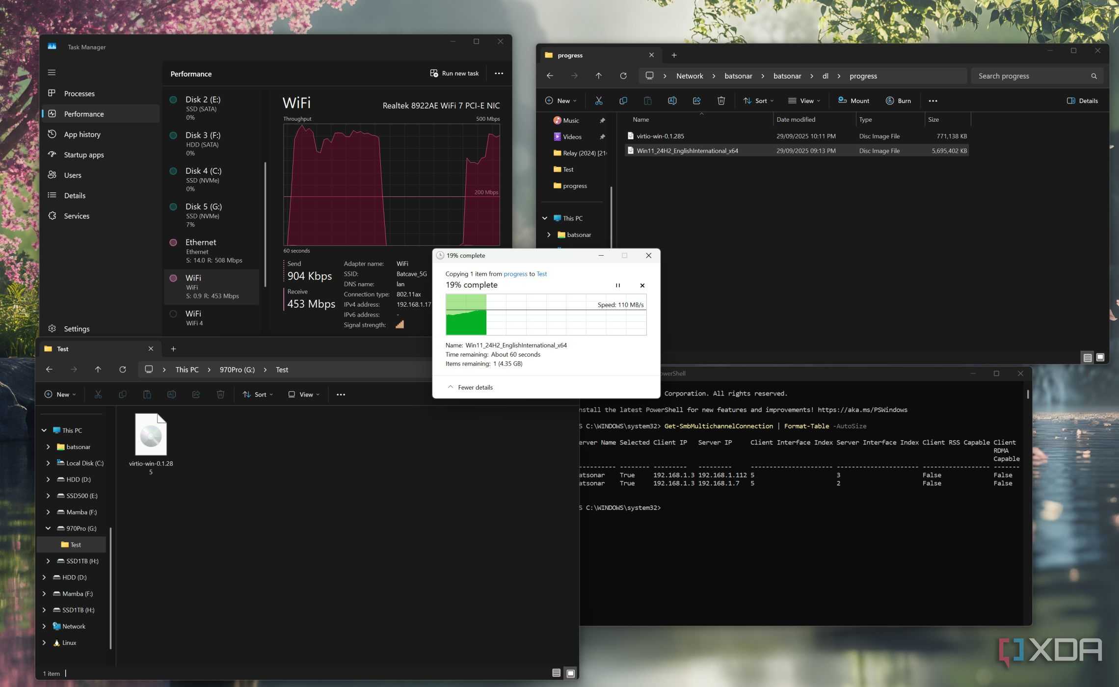 File transfer taking place with SMB Multichannel enabled on Windows 11