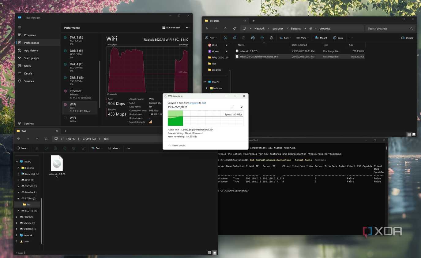 File transfer taking place with SMB Multichannel enabled on Windows 11