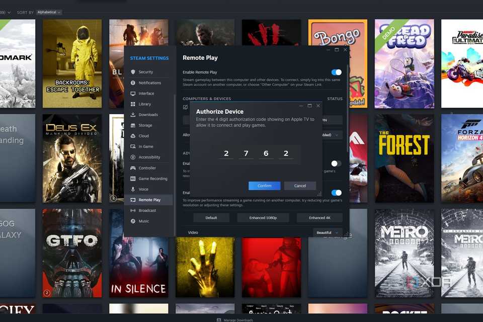 Screenshot of Steam settings showing pairing code from Apple TV