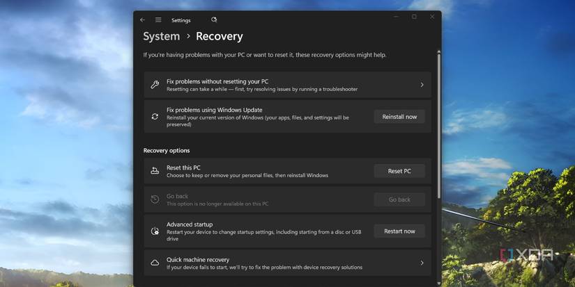 screenshot of system reset and other windows recovery options