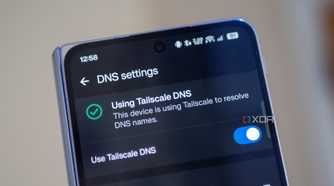 Smartphone screen displaying "DNS settings" with a toggle switch enabled for “Use Tailscale DNS.” Checkmark indicates active status.