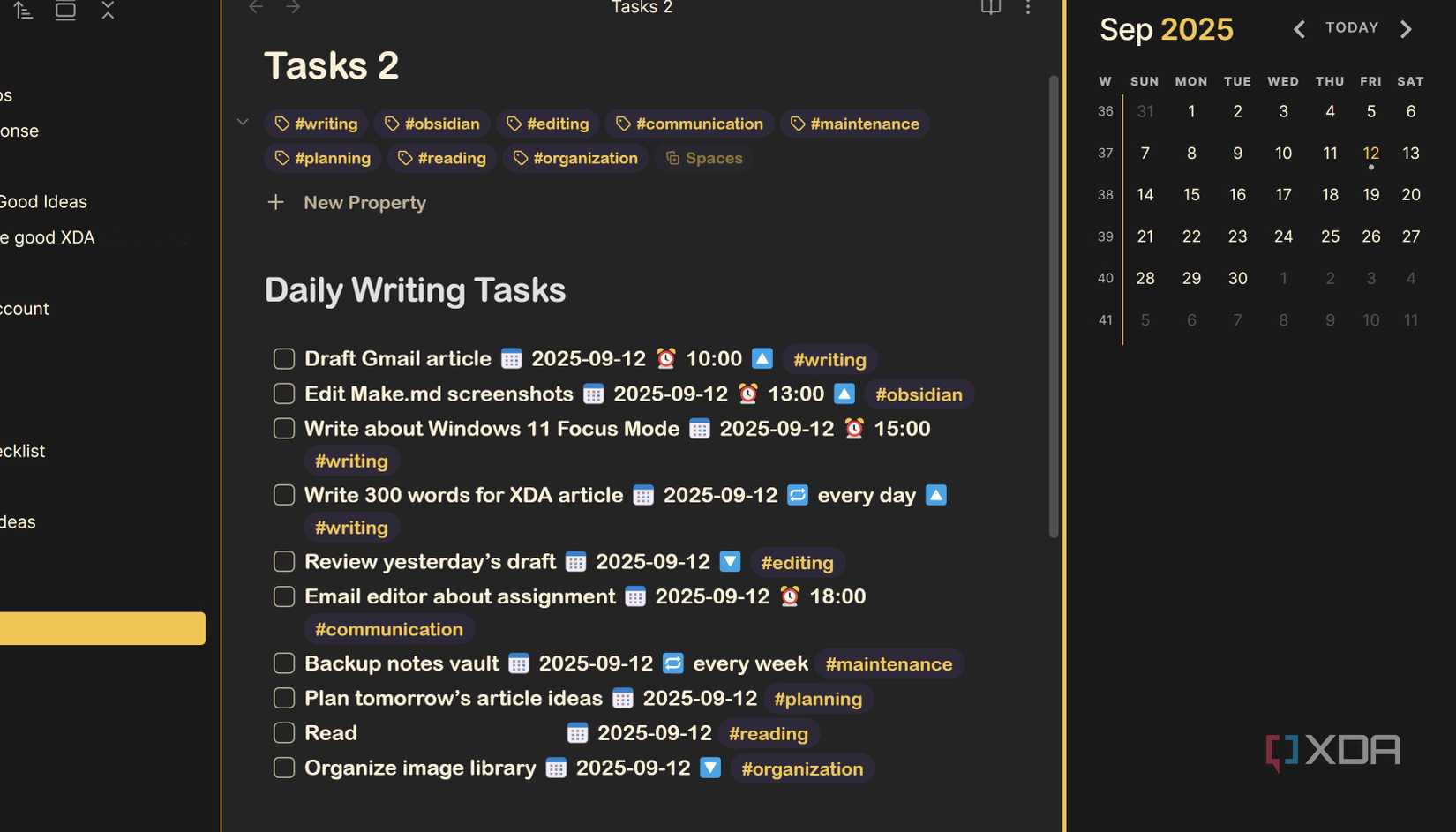 Obsidian Tasks plugin daily writing to-do list with due dates, tags, and priorities