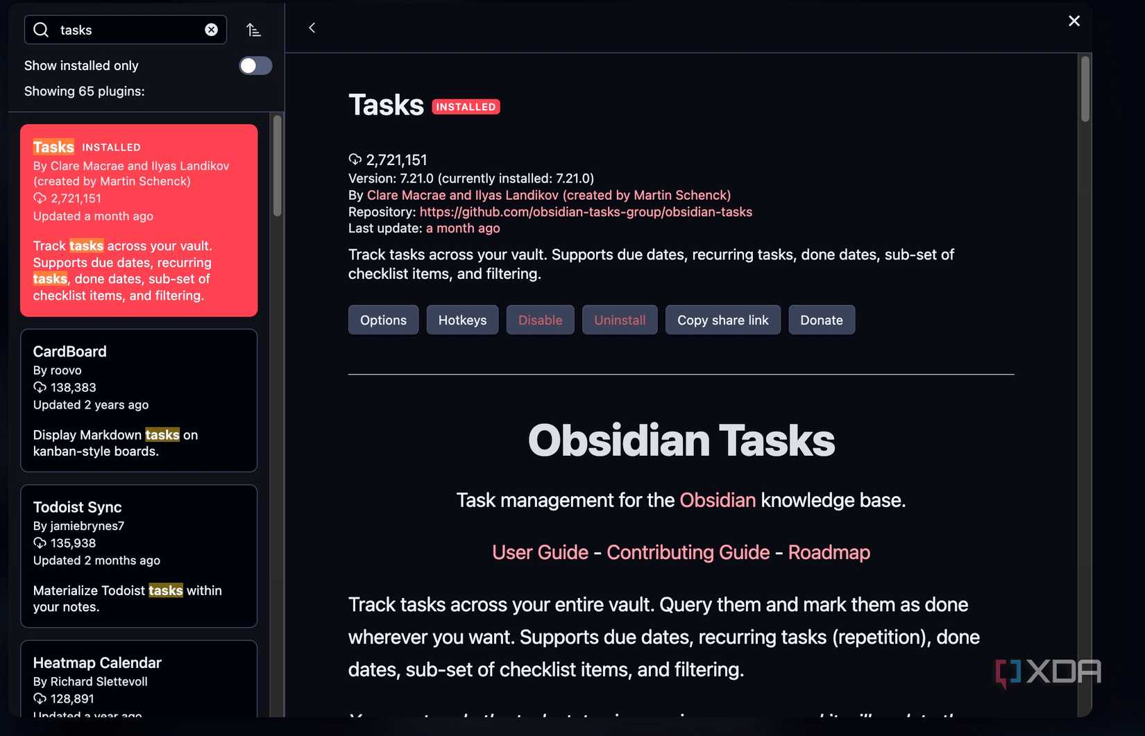 Tasks plugin in Obsidian