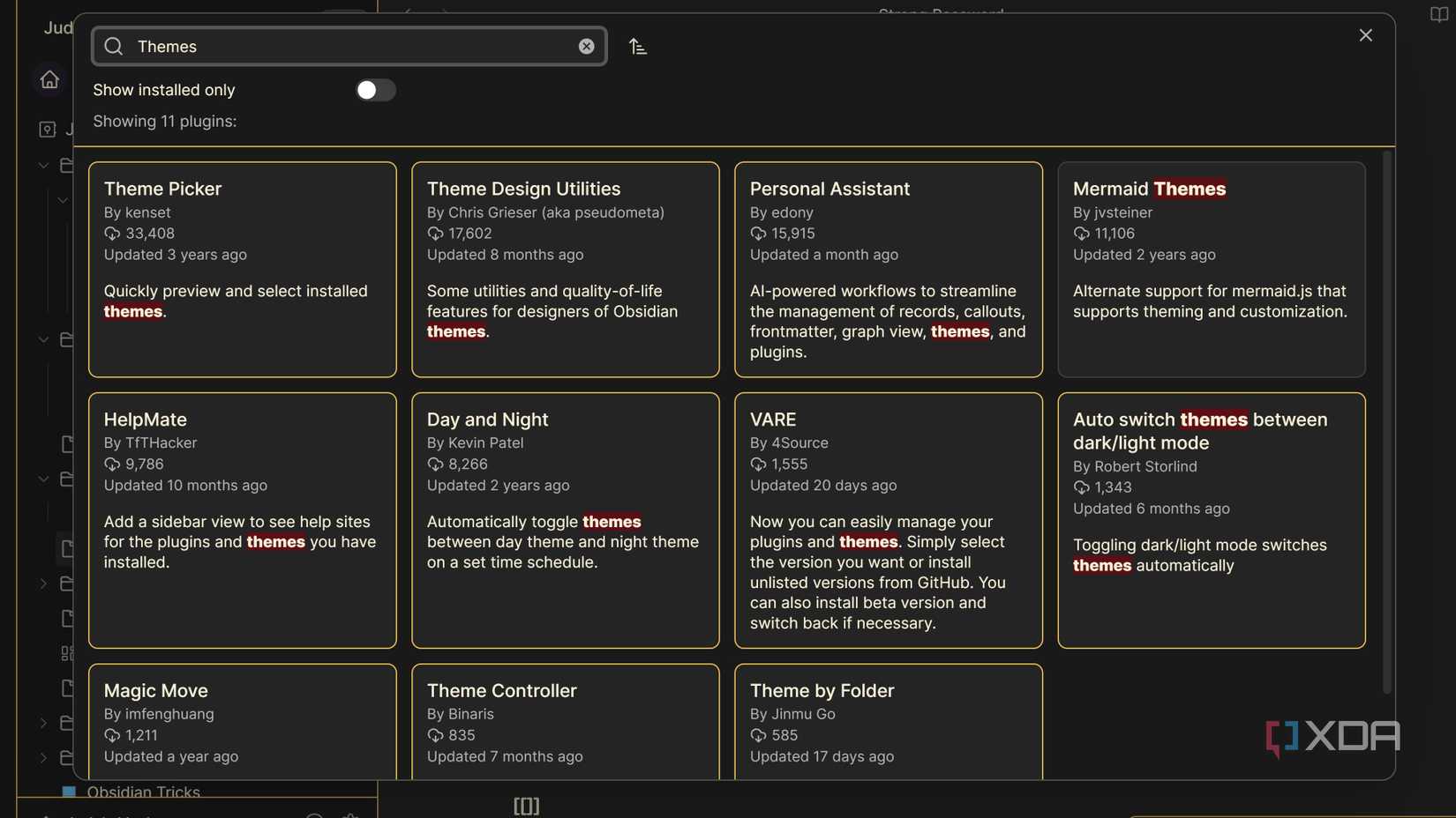Obsidian Community plugins for Themes search results