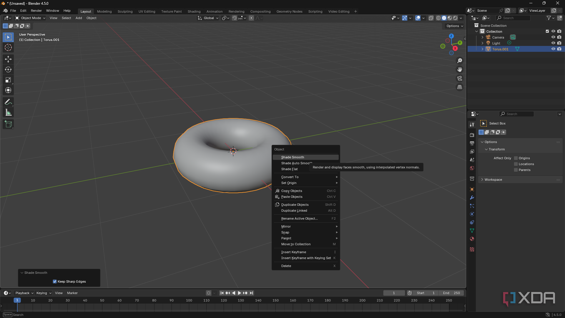 Toggling Shade Smooth in Blender, donut shape on canvas