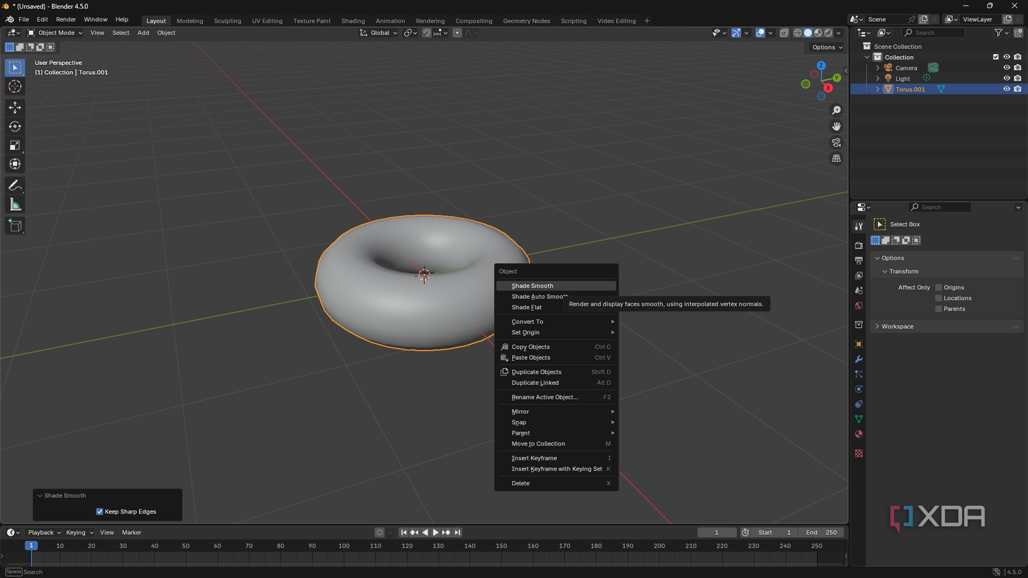 Toggling Shade Smooth in Blender, donut shape on canvas