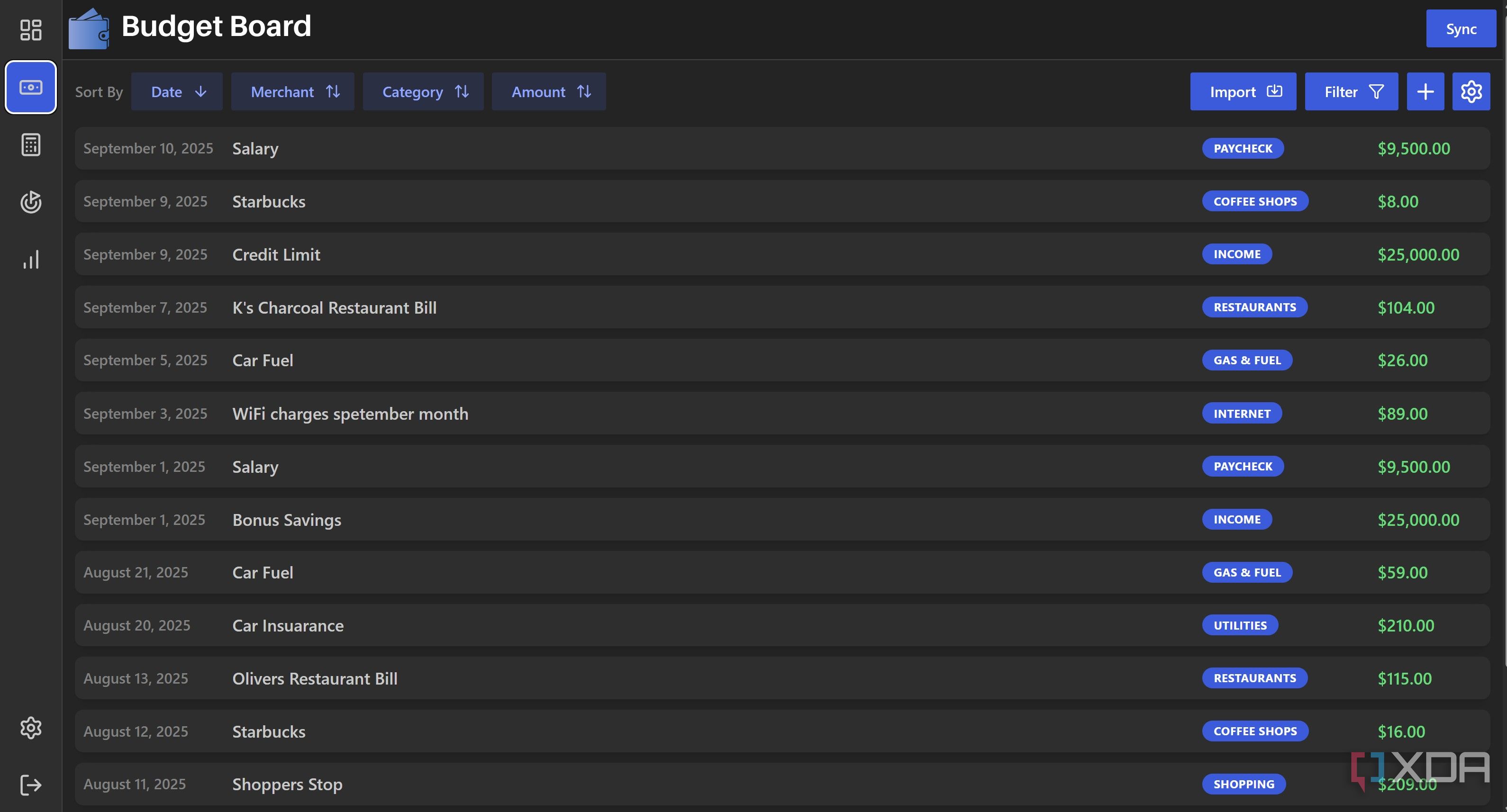 Transaction view in Budget Board