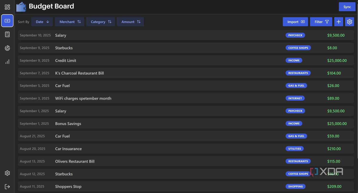 Transaction view in Budget Board