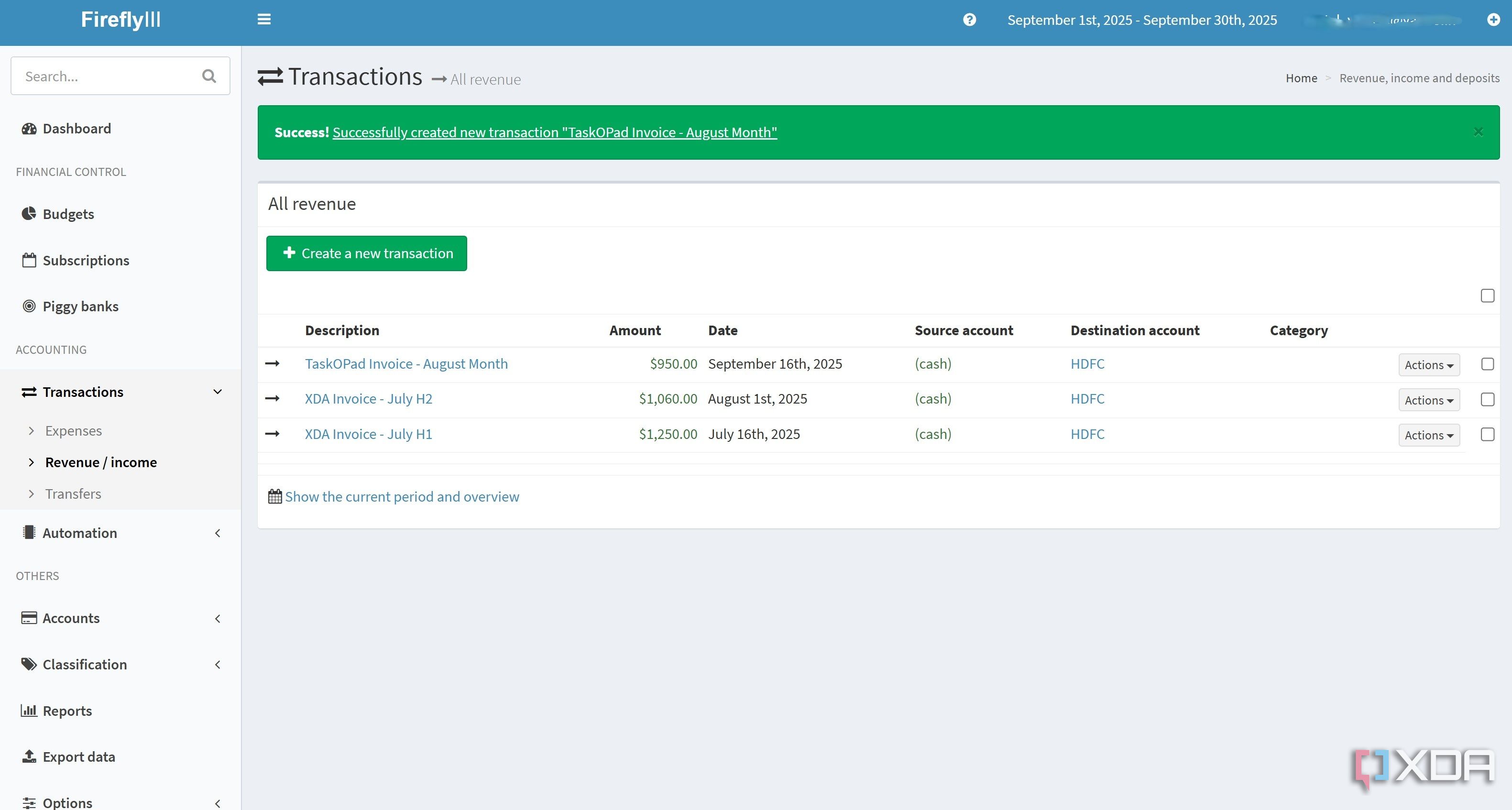 Transactions in Firefly III