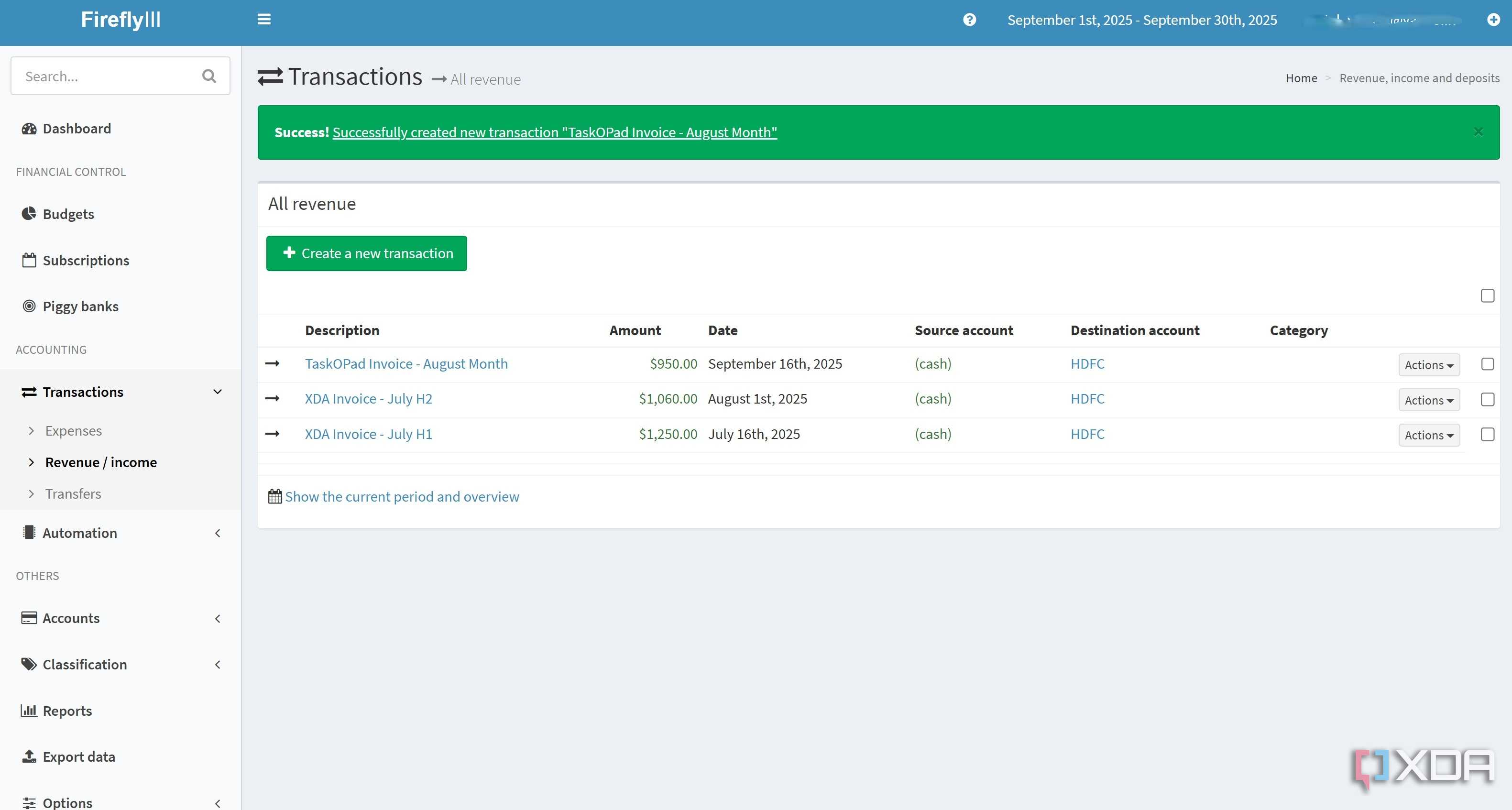 Transactions in Firefly III