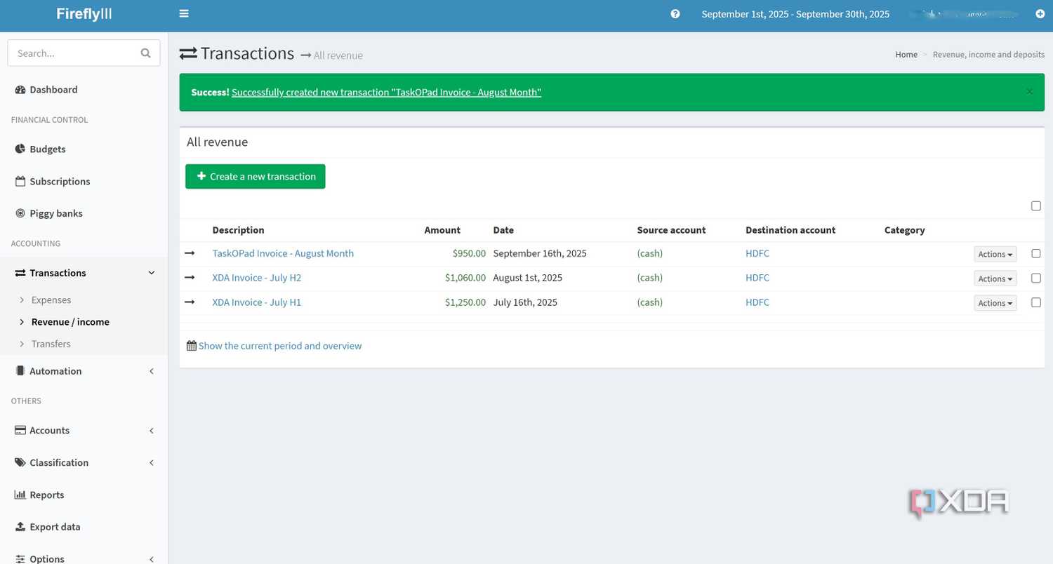 Transactions in Firefly III