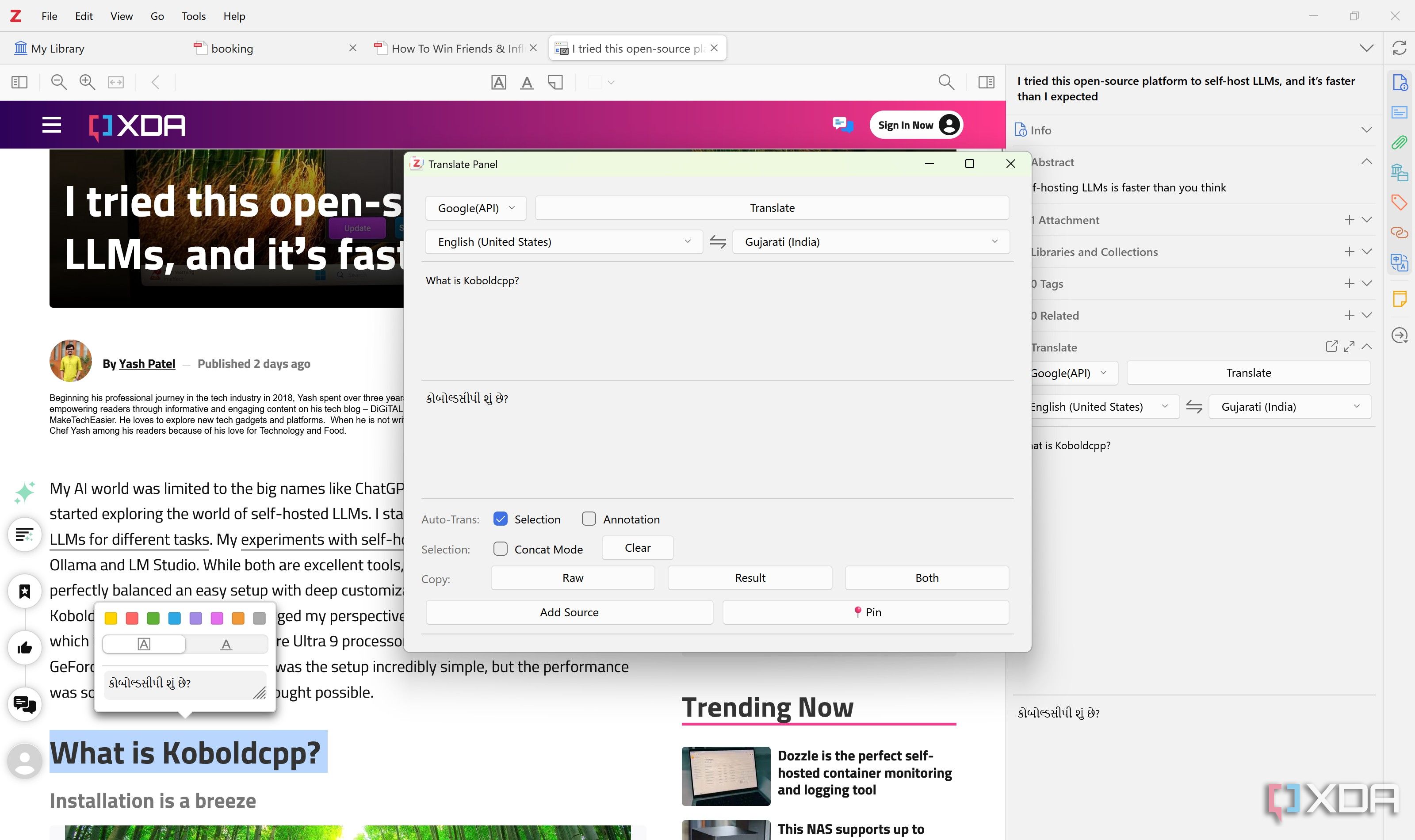 trasnlate panel in zotero