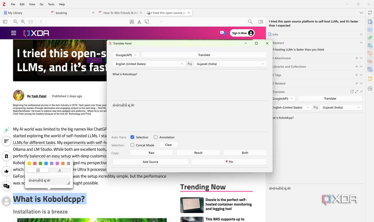 trasnlate panel in zotero