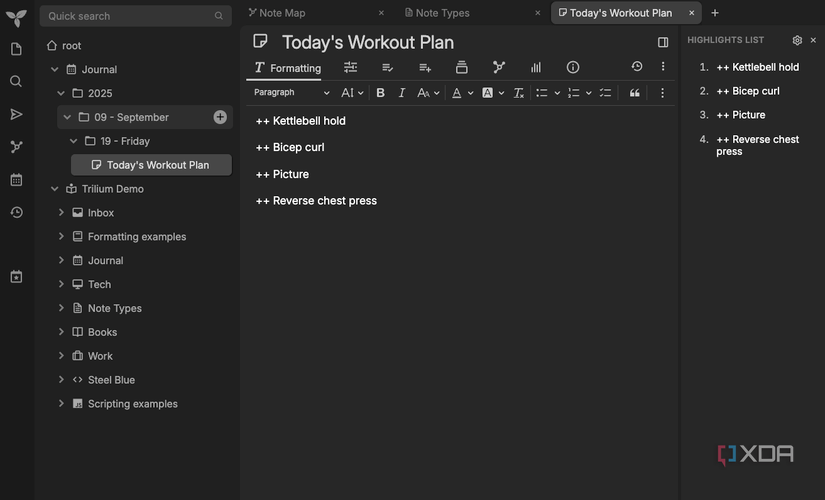Trilium notes main page