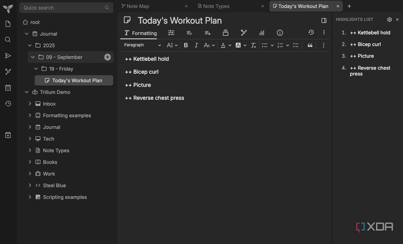 Trilium notes main page