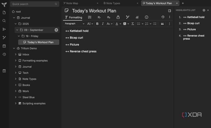 Trilium notes main page