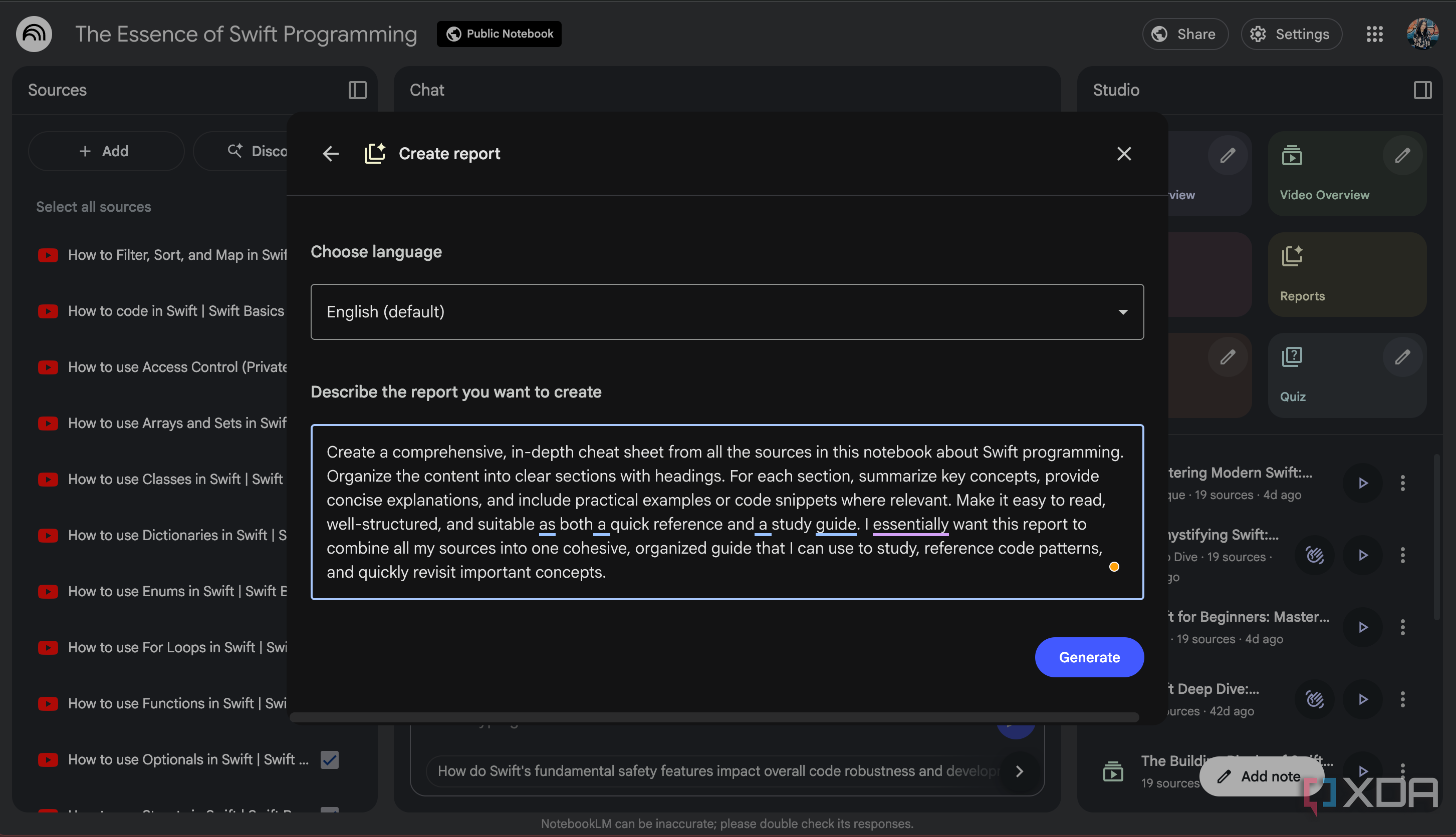 Typing a prompt in the Create report box in NotebookLM