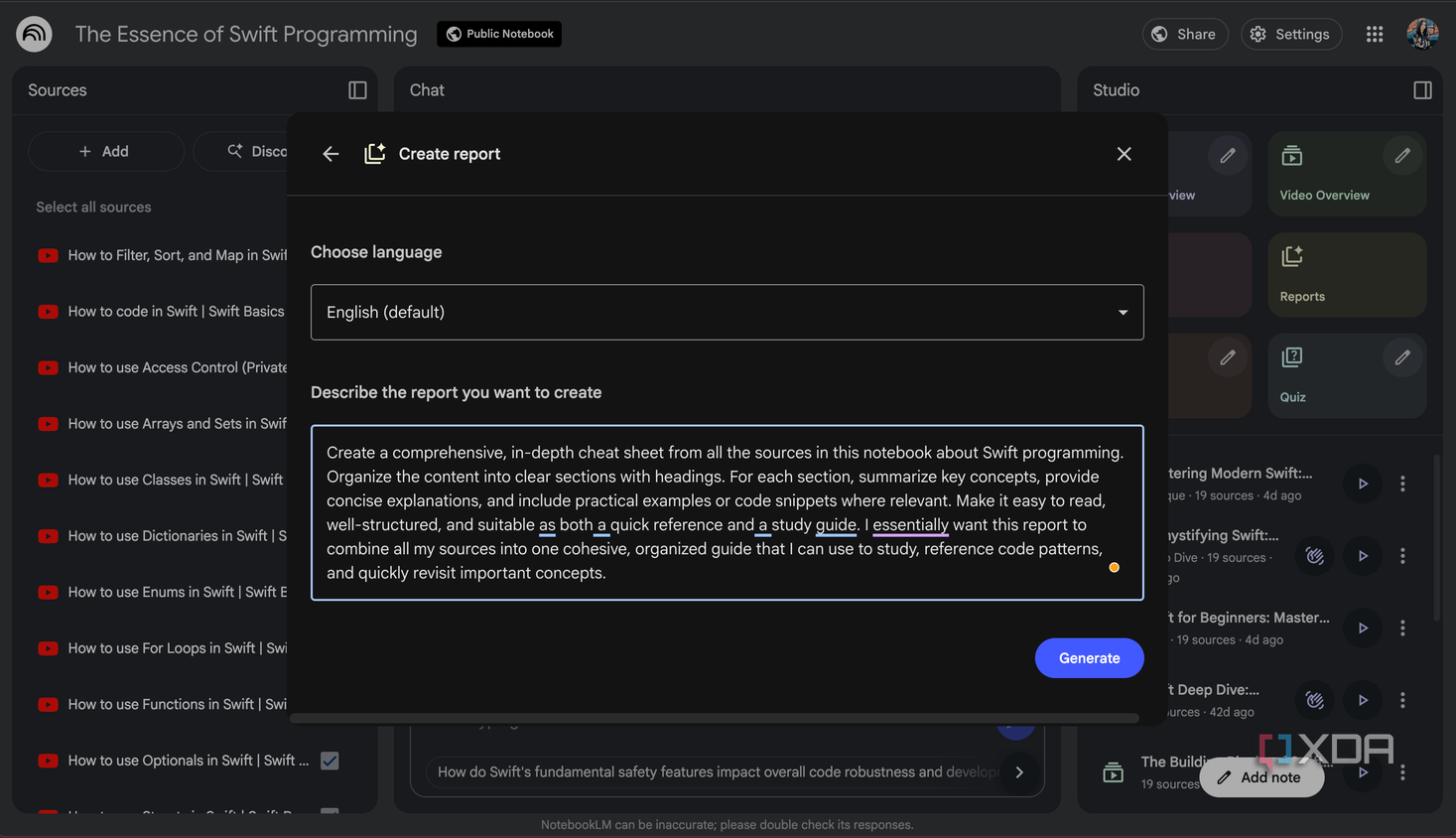 Typing a prompt in the Create report box in NotebookLM