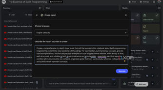 Typing a prompt in the Create report box in NotebookLM