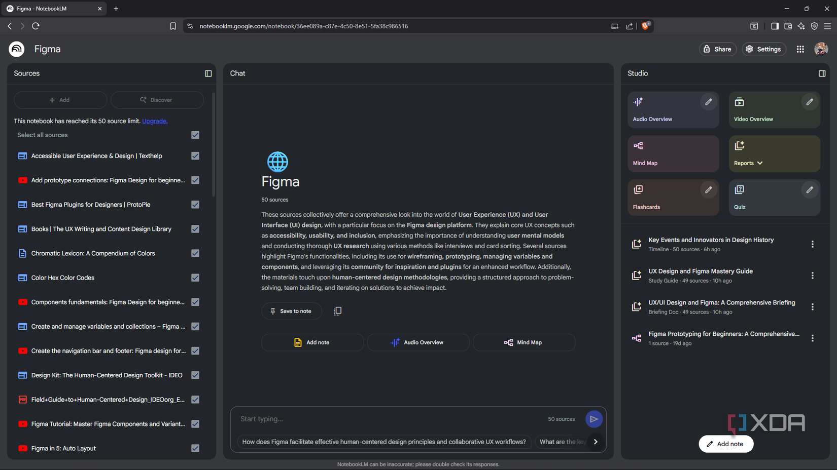 UI layout of NotebookLM notebook