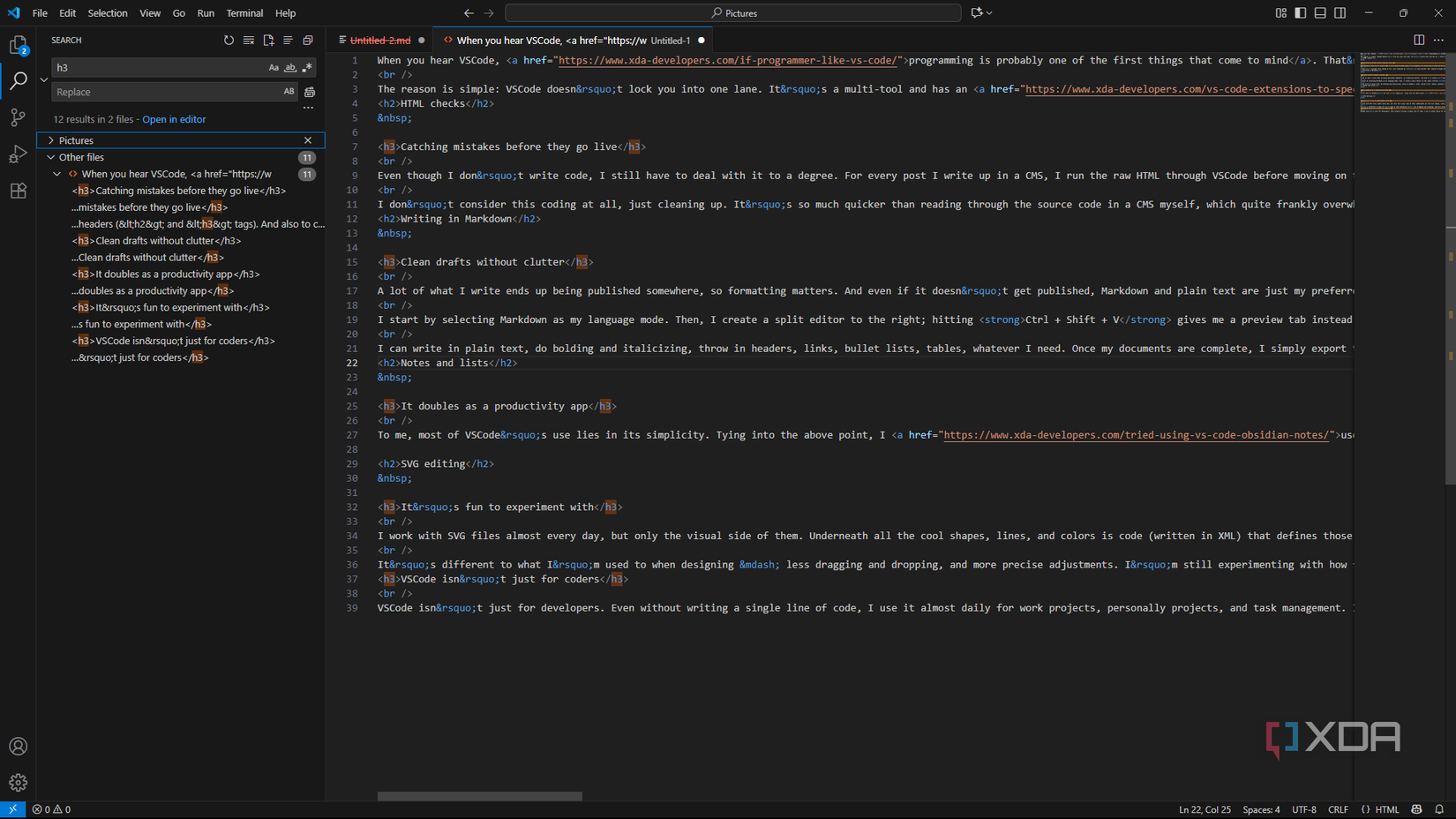 Using global search function in html doc in VSCode