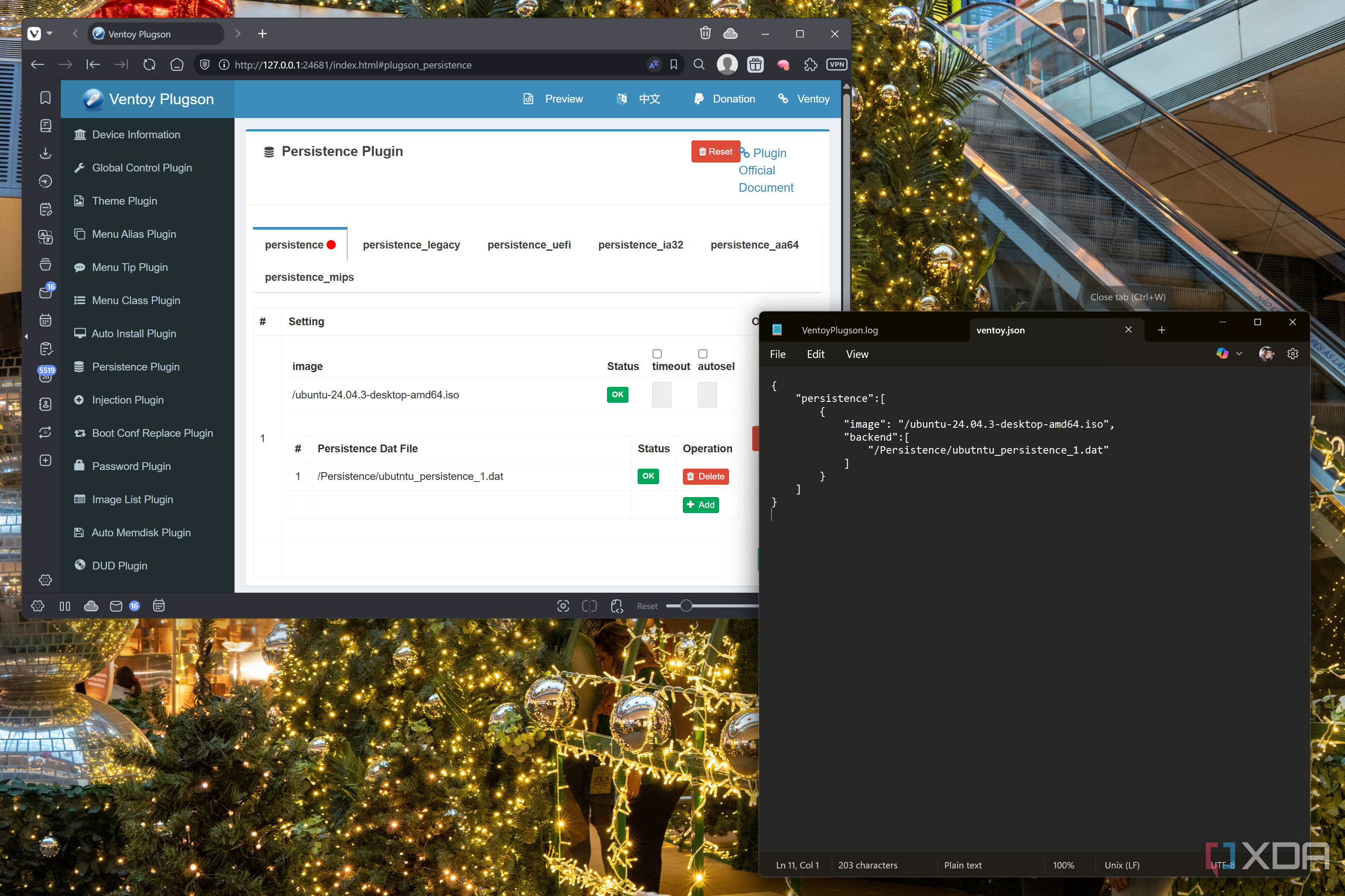 Screenshot of the Ventoy Plugson plug-in showing settings for persistence, along with a Notepad file showing the persistence configuration for a given ISO