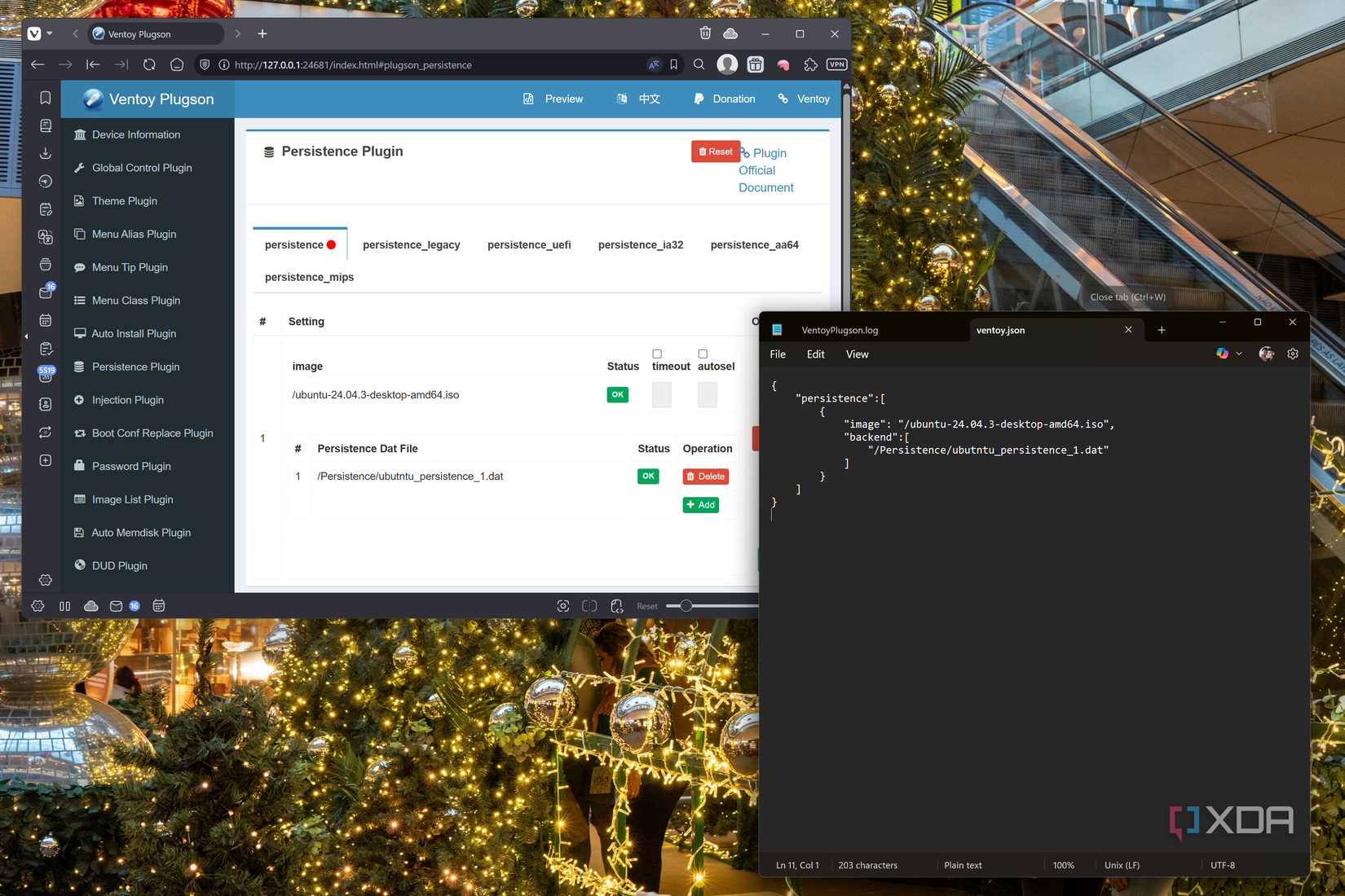 Screenshot of the Ventoy Plugson plug-in showing settings for persistence, along with a Notepad file showing the persistence configuration for a given ISO