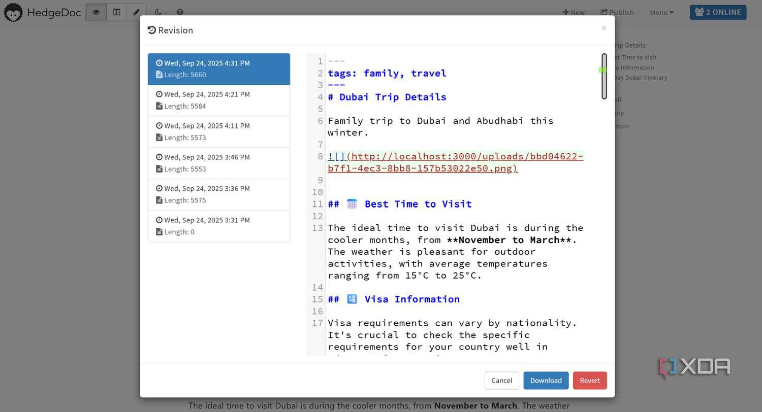 Version history in HedgeDoc