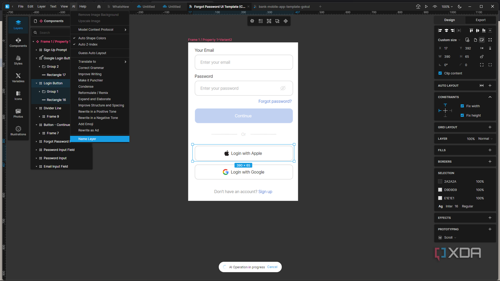 Viewing AI tools in Lunacy, using Name Layer feature to automatically name layers