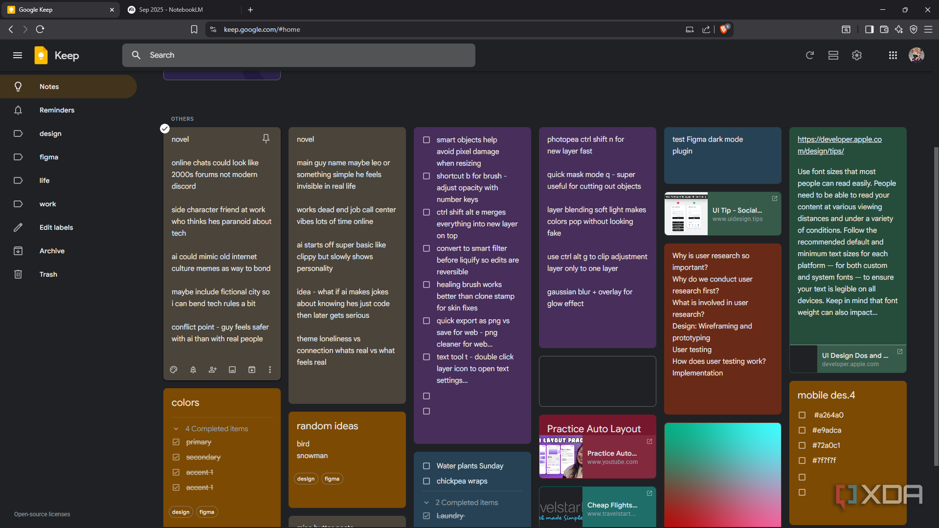 Viewing Google Keep weekly notes