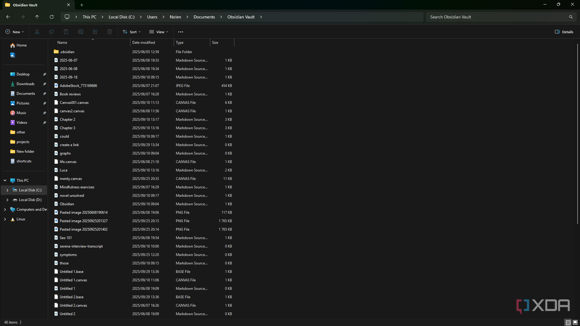Viewing Obsidian notes in file explorer