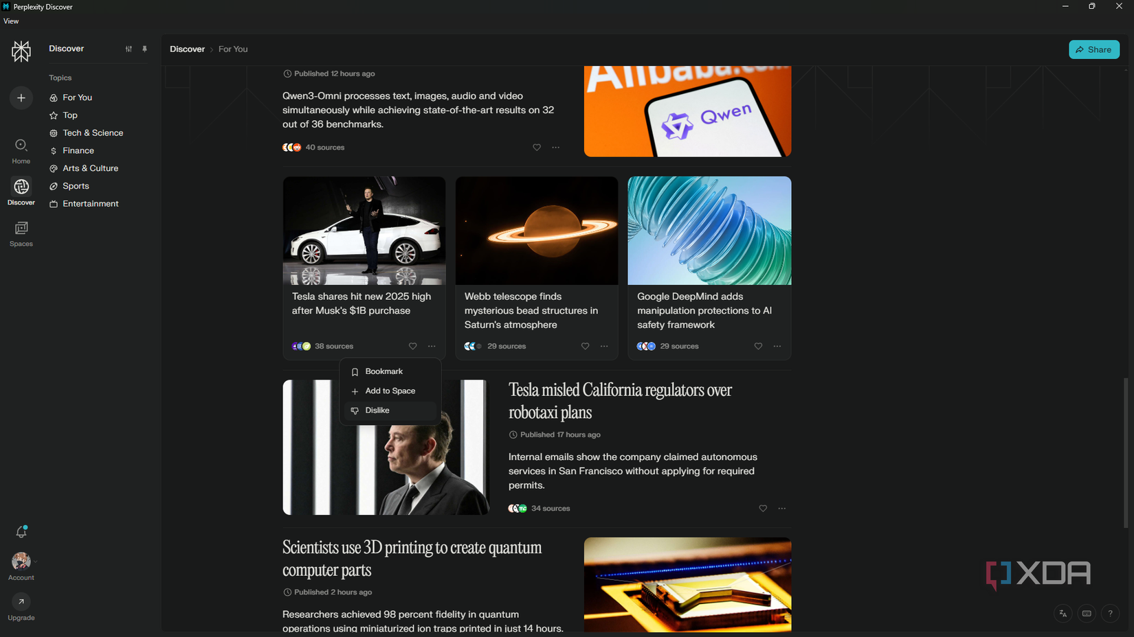 Viewing Perplexity Discover tab, scrolling through news feed