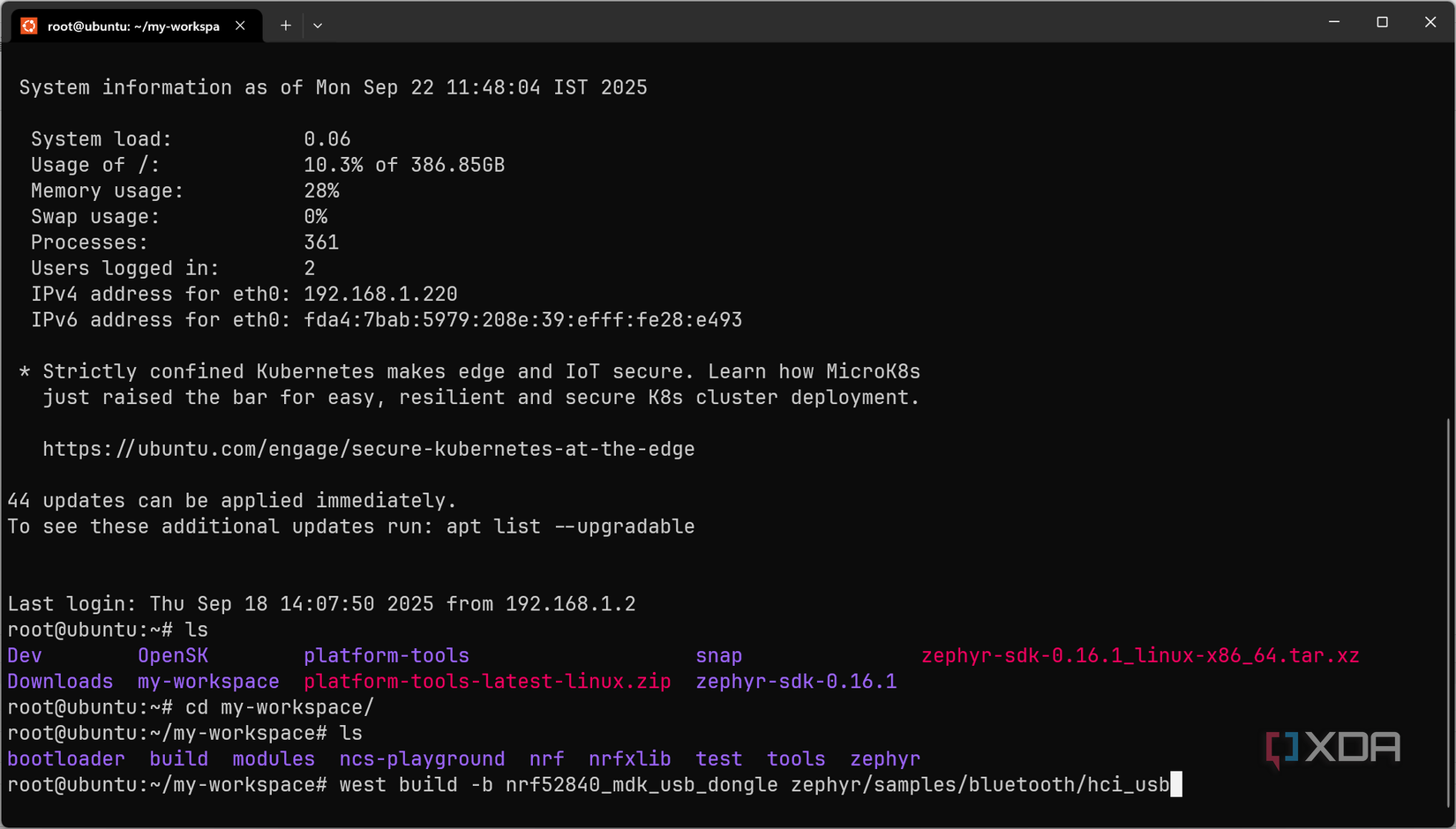 Building the hci_usb sample with west 