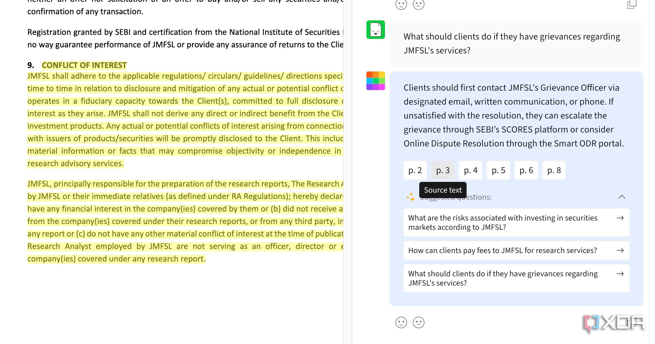 smallPDF AI showing sources