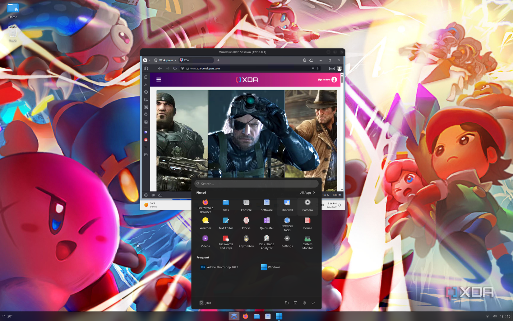 Screenshot of a Windows virtual machine running within Linux. The Linux application launcher shows Windows apps