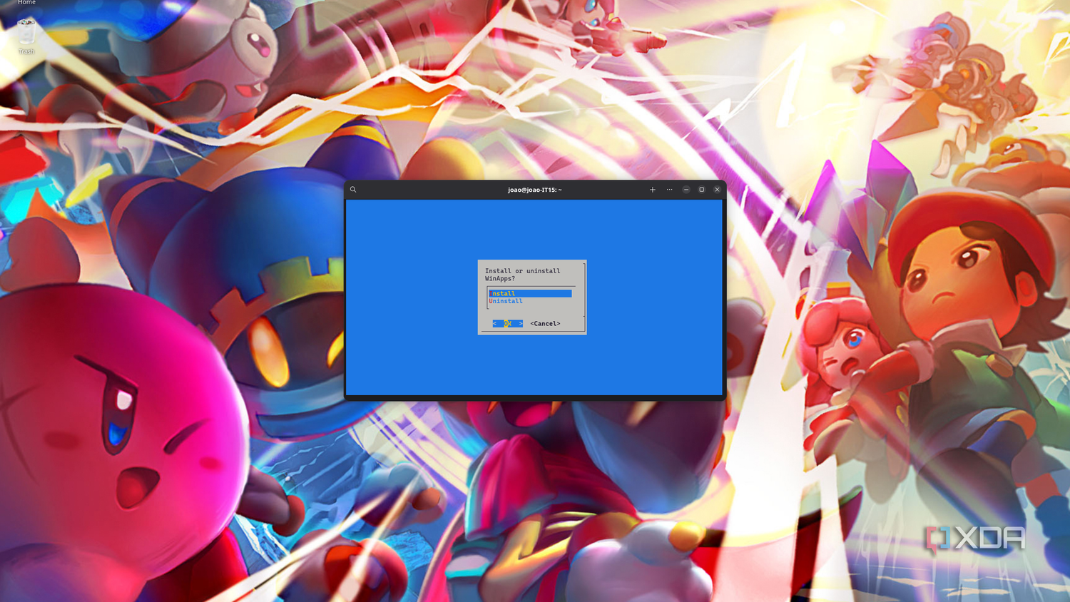 Screenshot of a Linux desktop showing the WinApps setup showing the option to install or uninstall the program